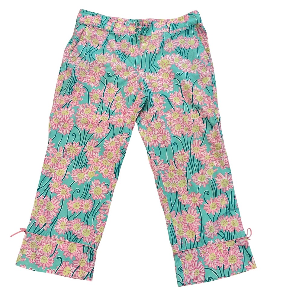 Lilly Pulitzer VTG Eliza Capri Pant Womens 10 Blue Pink Cotton Floral‎ Bow